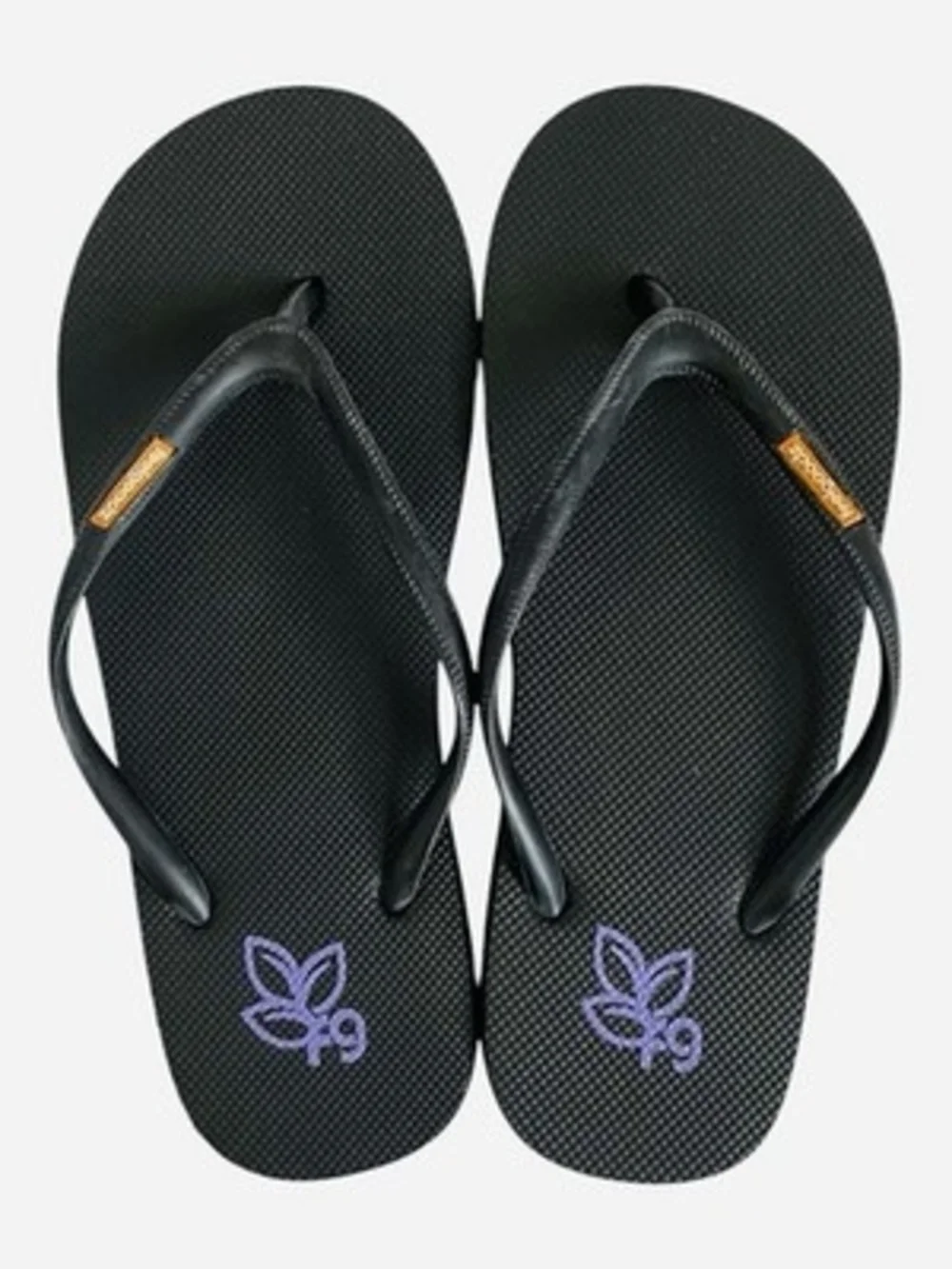 Feelgoodz Natural Rubber Flip Flops Black Purple Logo Womens Size 6 NWOT